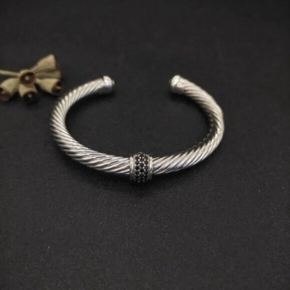 David Yurman Silver Cable Cuff Bracelet with Black Accent - Picture 2 of 4